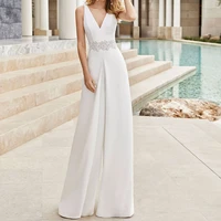 2022 modern v neck sleeveless floral belt satin wedding dress elegant backless short train boho vestido de novia custom made
