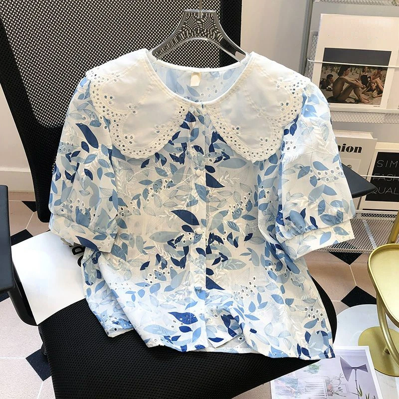 

Vintage Blusas Mujer De Moda 2023 Peter Pan Collar Puff Sleeve Age Reducing Blouses Hollow Out Single-breasted Print Shirts