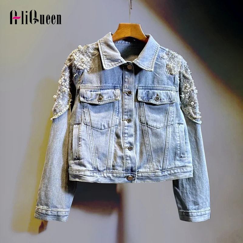 

Джинсы с жемчужинами и бриллиантами, женская джинсовая облегающая короткая джинсовая куртка в Корейском стиле, винтажное блестящее синее п...