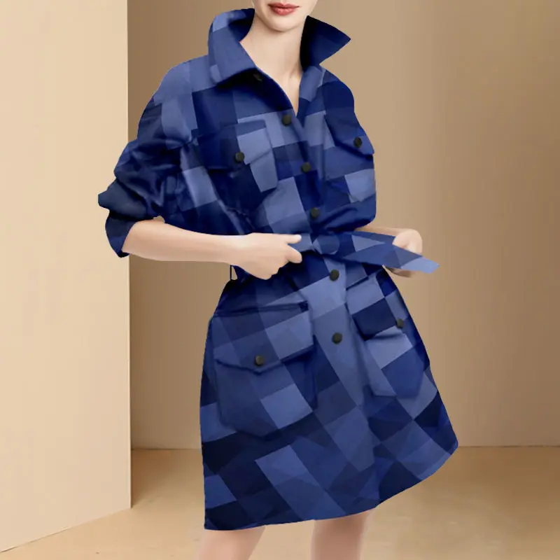 

DY 2022 Women's New Spring Fashion Popular Plaid Windbreaker Coat High-end Luxury Designer Clothes for Women Brand Blue Dresses