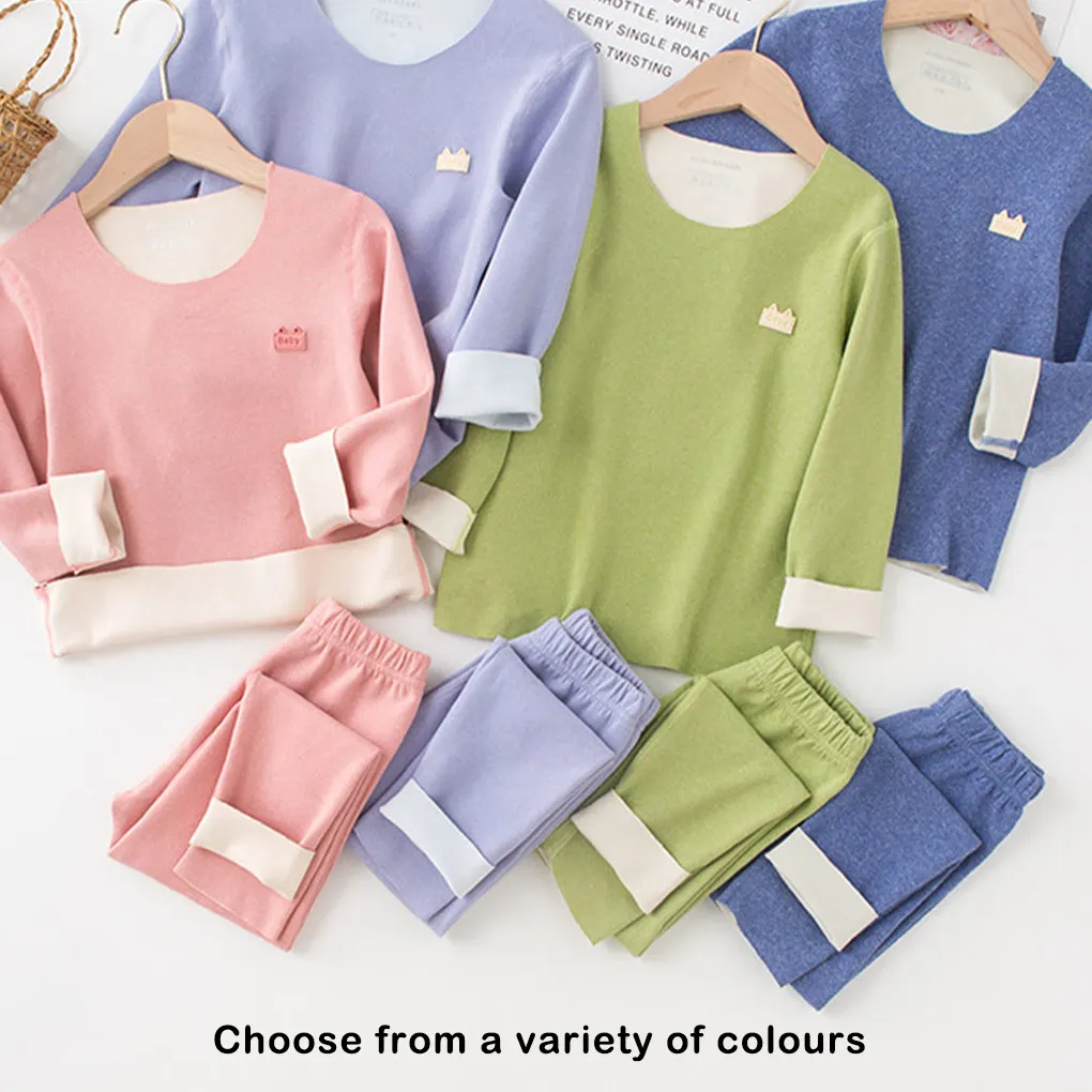 

Polyester Children Pajamas Set Solid Color Thermal Unisex Round Neck Home Bedroom Sleepwear Underwear Yellow 100cm