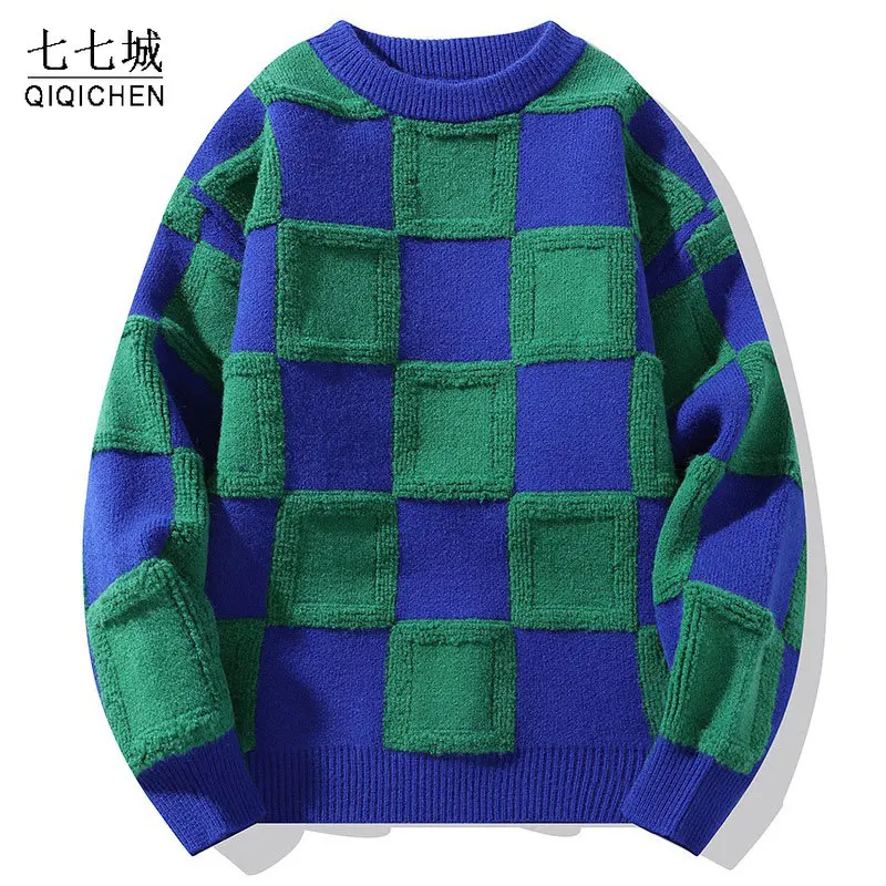 

Осенний вязаный свитер в клетку, Мужской пуловер в стиле Харадзюку, Повседневный свитер в стиле пэчворк с круглым вырезом, Корейская уличная одежда оверсайз в стиле унисекс, джемперы