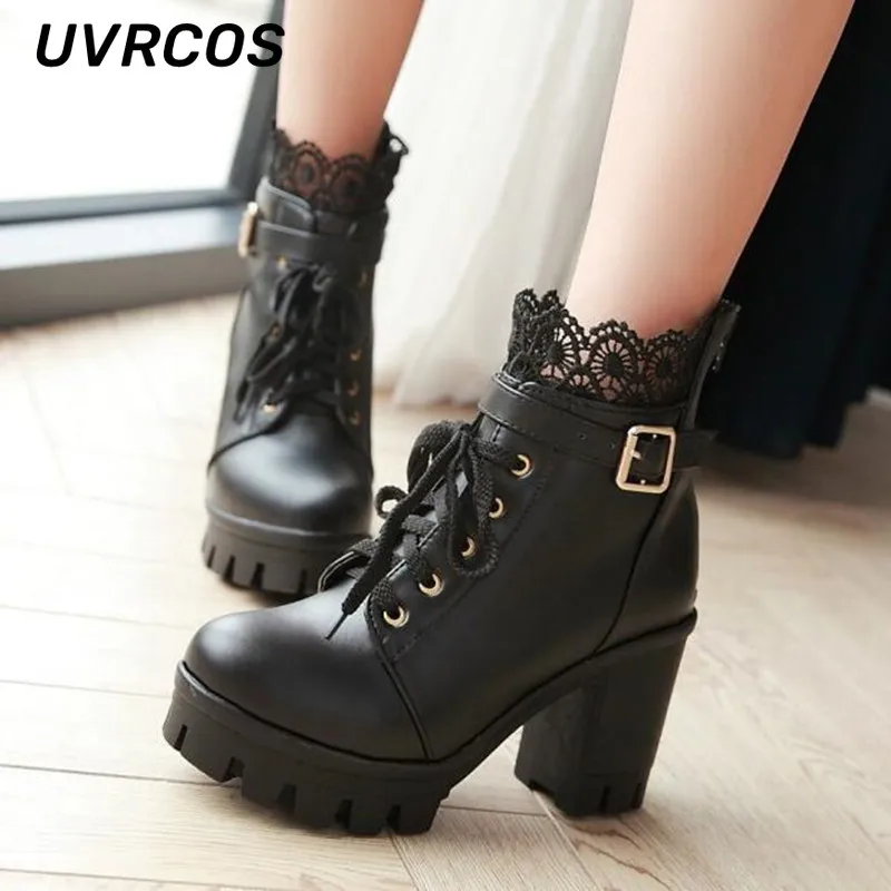 

Single Boots Women Super High Heel Chunky Lace Up S Waterproof Ankle British Style Factory The new listing Direct Selling