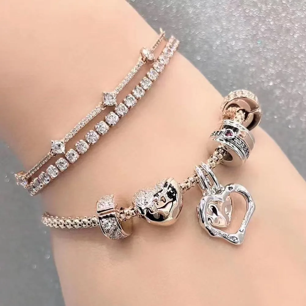 925 Sterling Silver Two Tone Patchwork Heart&amplock&ampCrown&ampShell Pendant Fit Pandora Bracelet Classic Women's Gift Jewelry