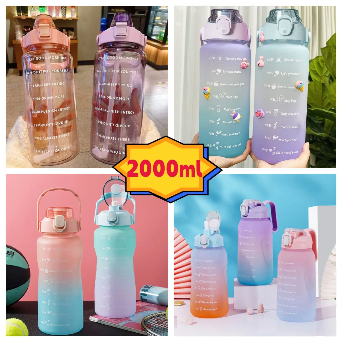

2000ml Large Capacity Straw Water Bottle With Bounce Cover Time Scale Reminder Cup With Cute Stickers For Outdoor Sports Fitness