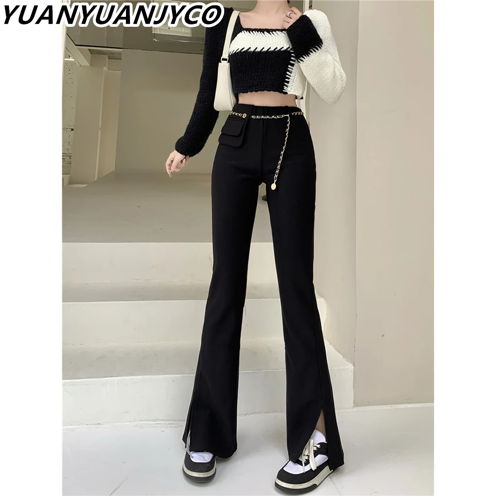 

YUANYUANJYCO Spring Autumn Chain Belt Elastic High Waisted Flare Pants For Women Korean Fashion Pocket Black Ladies Trousers