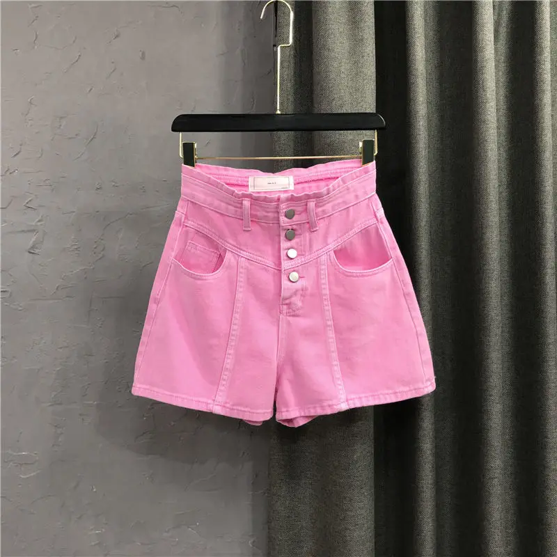 

Lady Pink Denim Shorts 2022 New Summer Fashion Single-breasted High Waist Wide Leg All-match Loose A-line Hot Shorts Short Jean