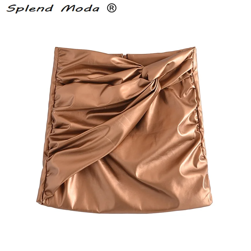 

Splend Moda ZA New Fashion Sexy Chic Solid Colour PU Mini Skirt Women Streetwear Style Wrinkles Decorate Short Skirts Female