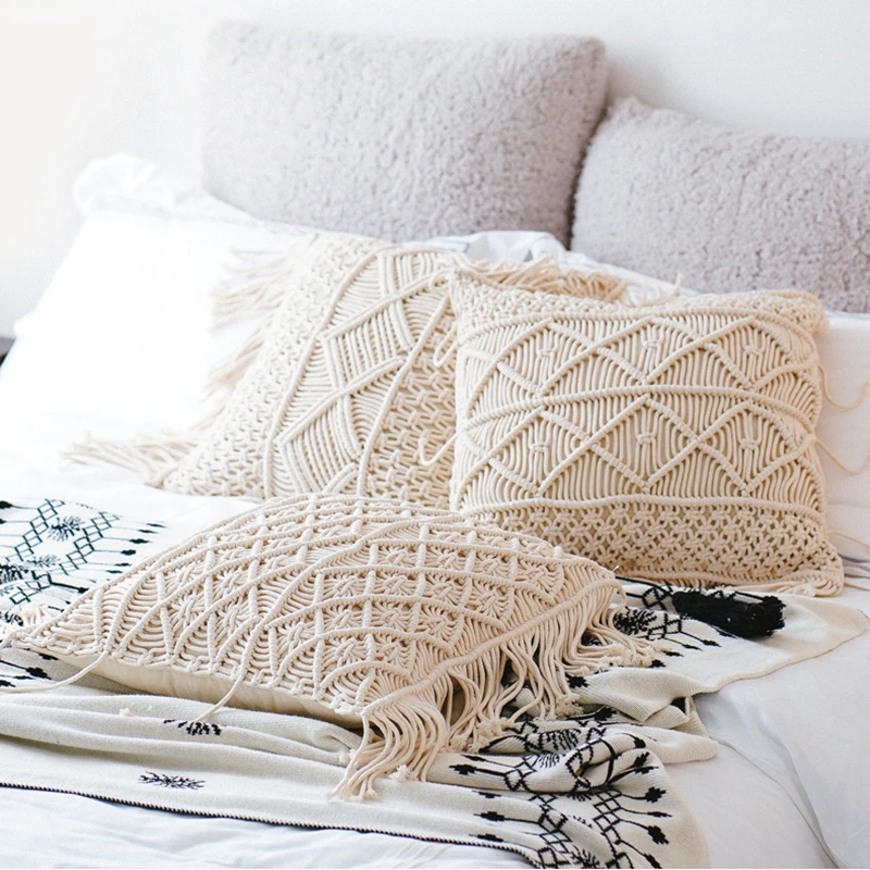 

45x45cm Bohemian hand woven cotton rope cushion cover beige throw pillowcase fringes lumbar pillow cover for backrest home decor