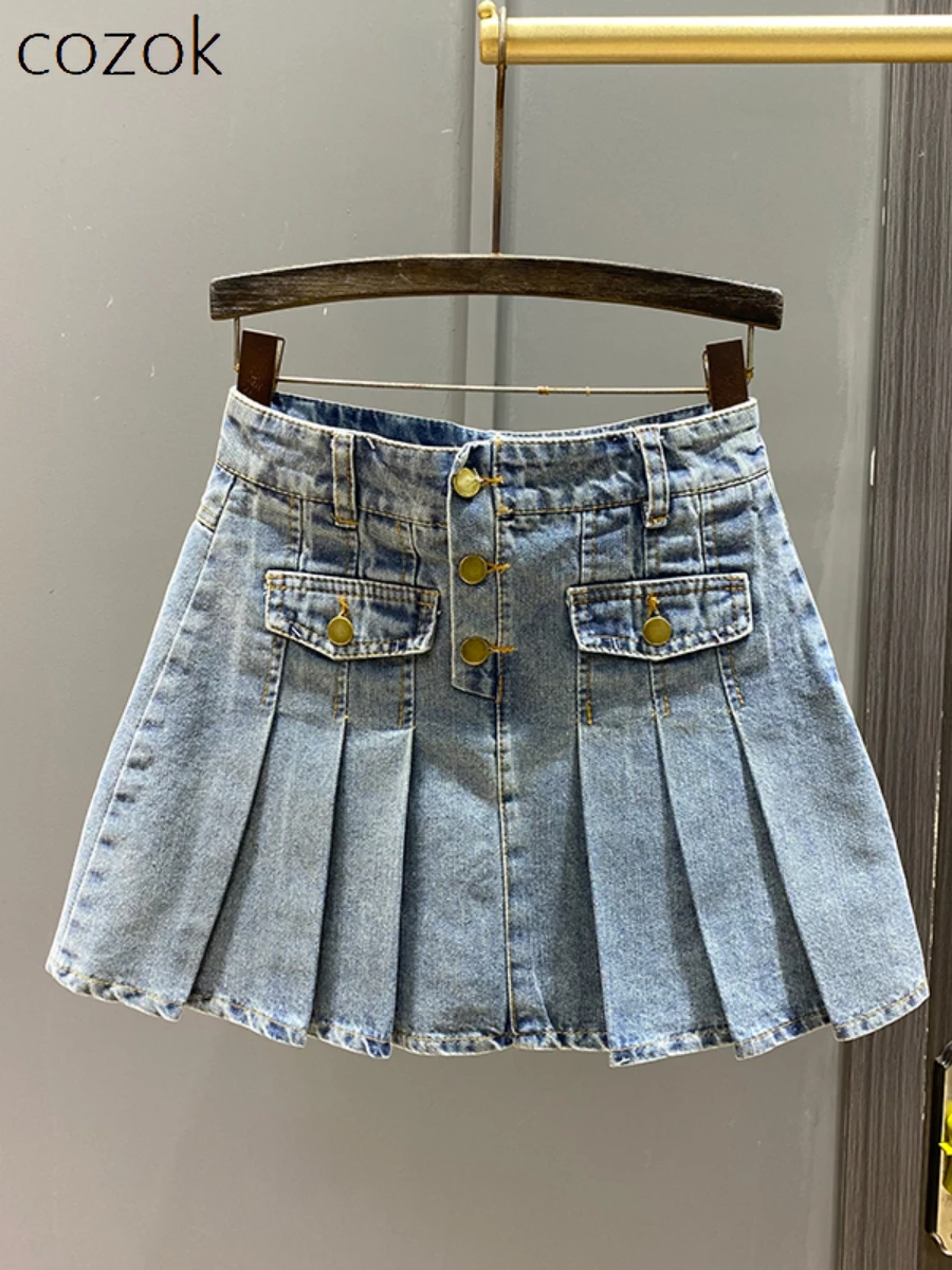 

High Waist Button Denim Pleated Skirt Women's Summer Clothes Fashion Design Slimming Student Anti-Exposure A- Line Skirt Mini
