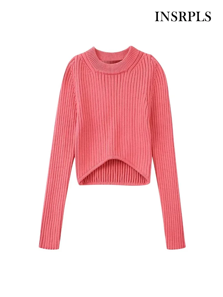 

INSRPLS Women Fashion Front Rounded Hem Cropped Knit Sweater Vintage O Neck Long Sleeve Female Pullovers Chic Tops
