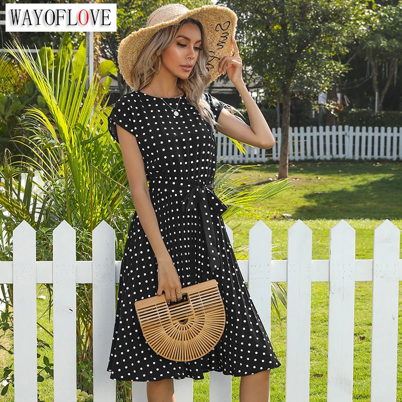 

WAYOFLOVE Spring Summer Black Folds Dress Women Elegant Polka Dots Office Lady Vestidos Party O Neck Flying Sleeve Midi Dresses