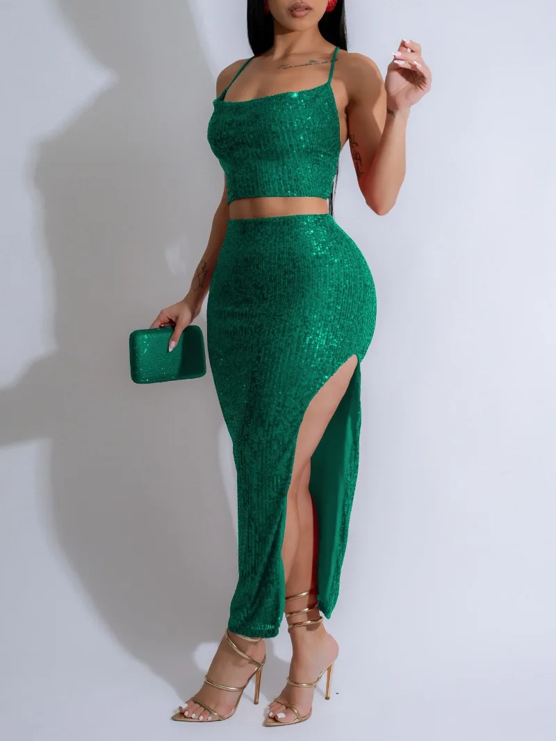 KEXU Сексуальное открытое вечернее платье макси с блестками женские комплекты из 2