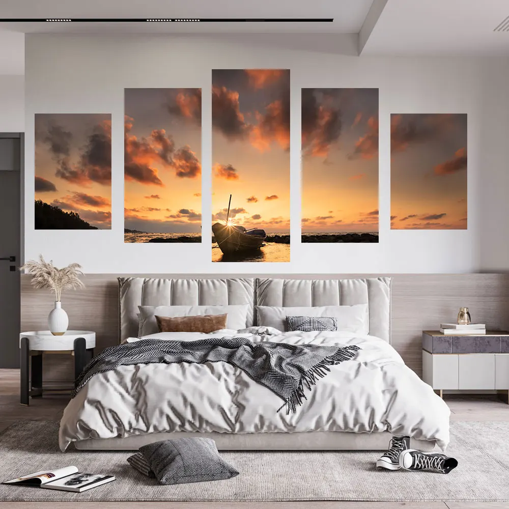 

5 панельных декоративных картин «лодки на пляже», настенные постеры на холсте с изображением заката, современный стиль, Декор для дома