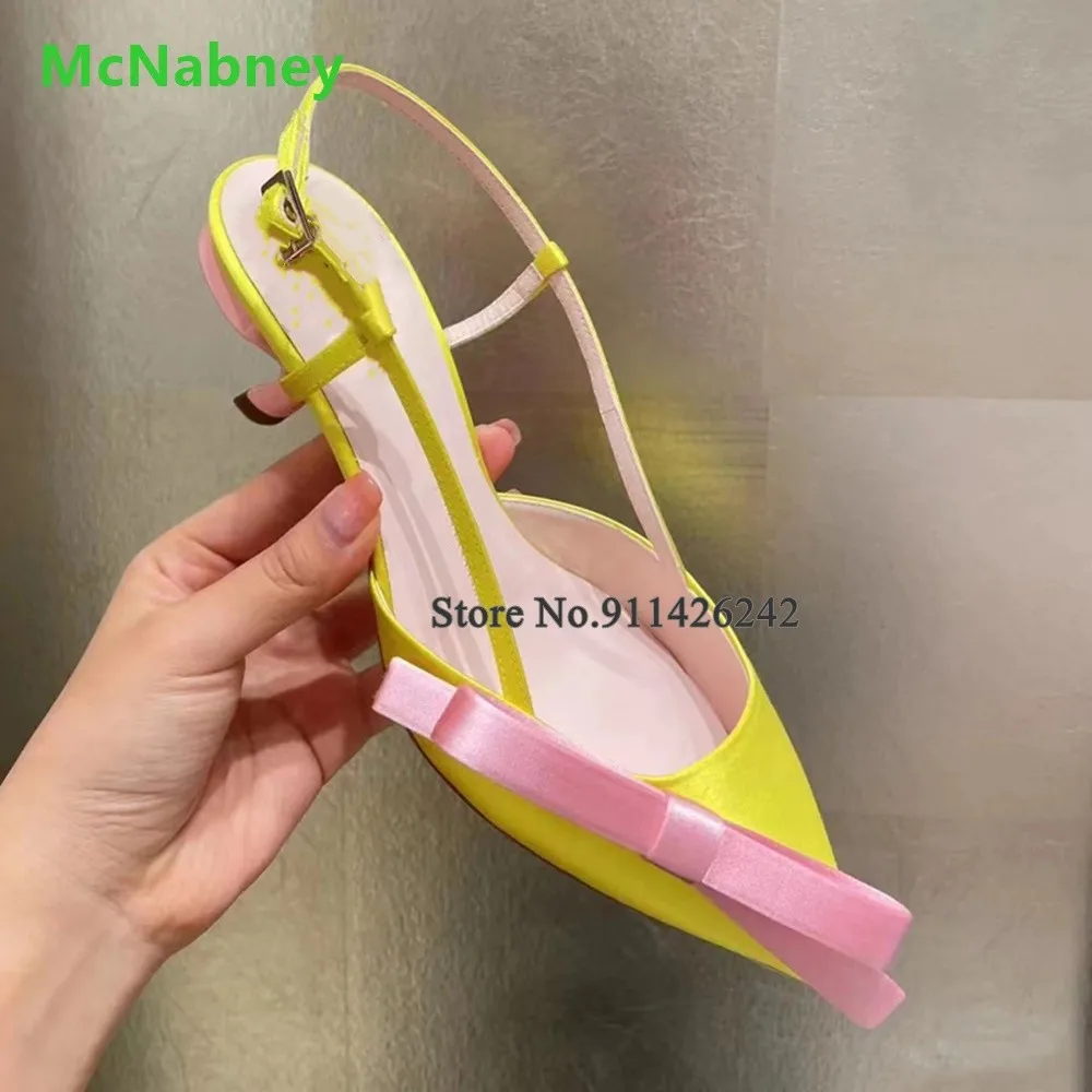 Yellow Silks And Satins Pink Butterfly-knot Pumps For Female Women 2023 New Slingback Buckle Strap Pointed Toe Kitten Heel Shoes