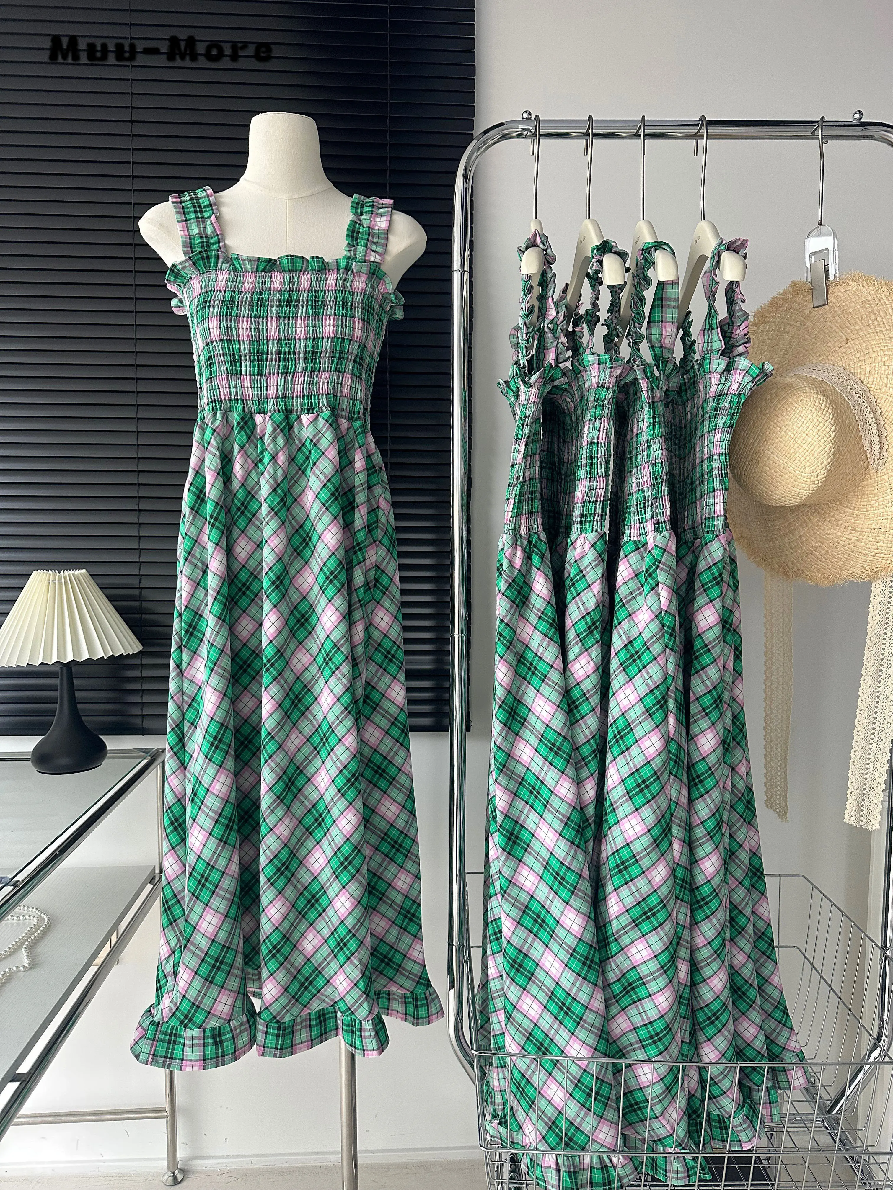

2023 Summer Sweet Vintage Plaid Print Backless Slash Neck Suspender Mini Dresses For Women Chiffon Slim Fit Pleated Dress