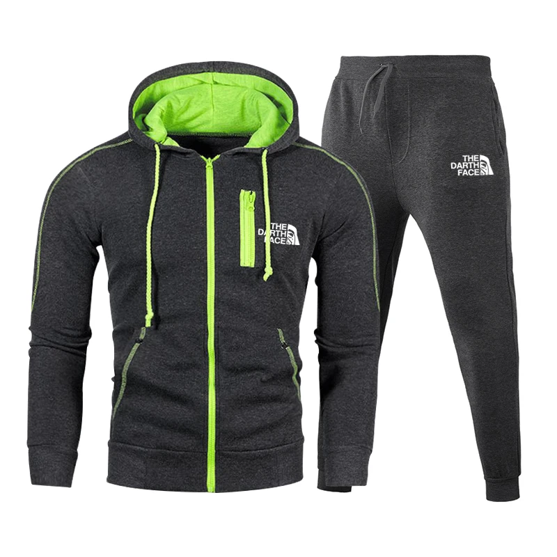 

Spring and Autumn Men's New Fashion Multi-zipper Hooded Sweater Suit Casual Sports Solid Color Sweater Pants Suit