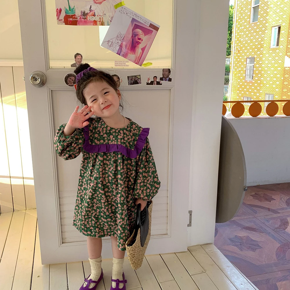 

New Floral Print Fashion Little Girl Princess Dress Sweet Spring Autumn Toddler Long Sleeve Dresses Vintage Baby Girls Clothes