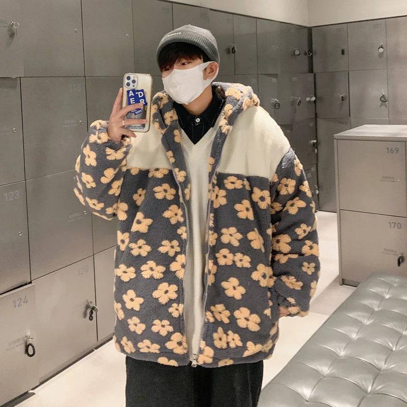 Winter Jacket Men Warm Fashion Casual Thickened Lamb Wool Jacket Men Streetwear Loose Short Coat Mens Thick Flowers Jackets Coat