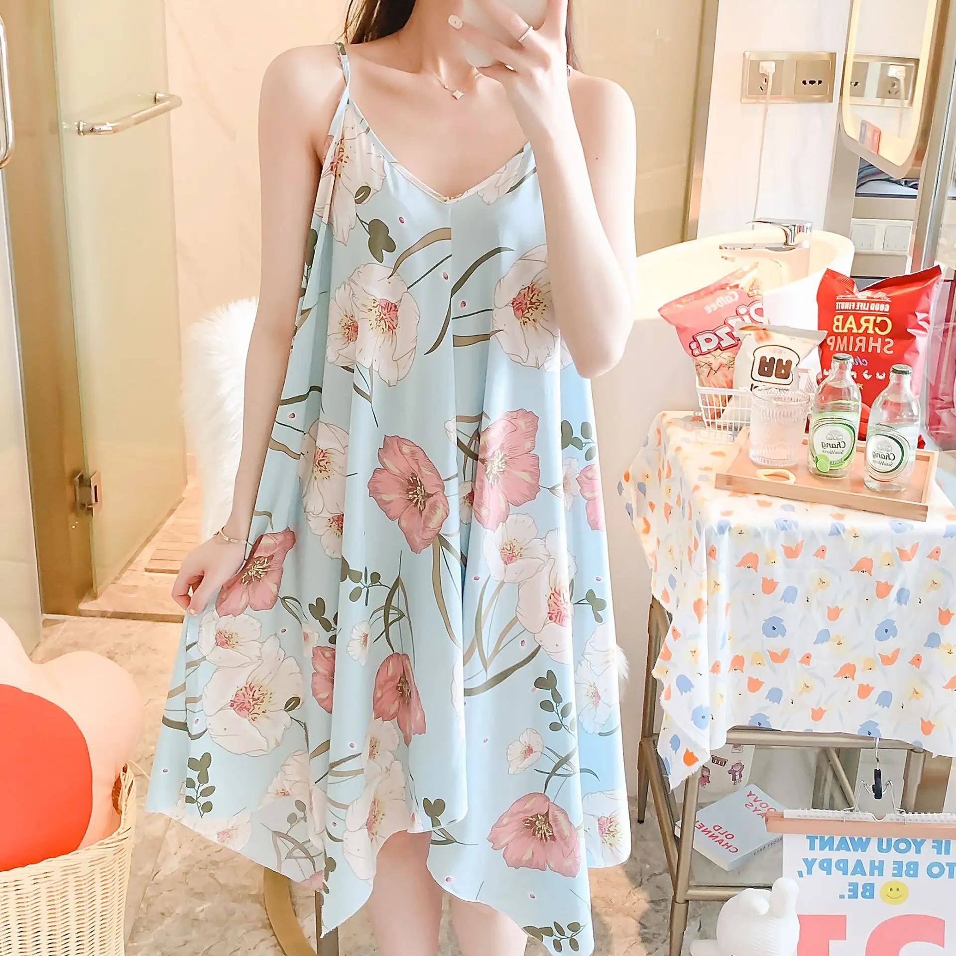 Summer New Women's Nightdress Suspenders Thin Loose Large Size Home Service Sexy Nightwear Sleep Tops Sleepwear Women