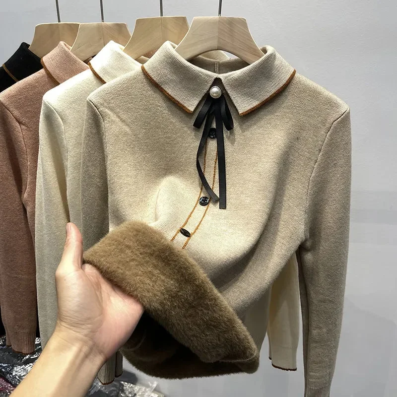 

Women's Long Sleeved Plush Pullover Knitted Long Sleeved Classic Design Sweater New Fashion Elegant Office Top Sweater Pullover