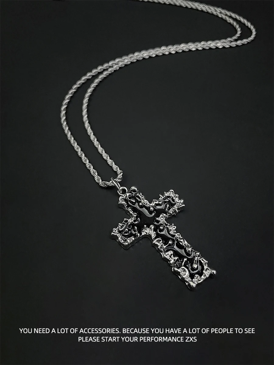 ZXS Cold Wind Thorn Lava Cross Necklace Men's and Women's Trendy Titanium Steel Hip-hop Street Ins Pendant Sweater Chain