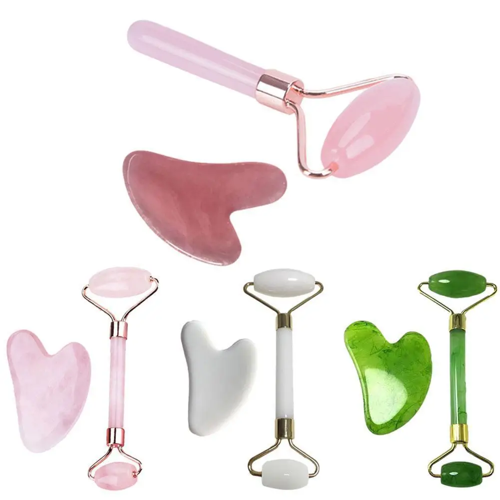 

2pcs Face Skin Massage Roller Gua Sha Stone Double Head Roller Set Resin Massage Set Improve Facial Blood Circulation
