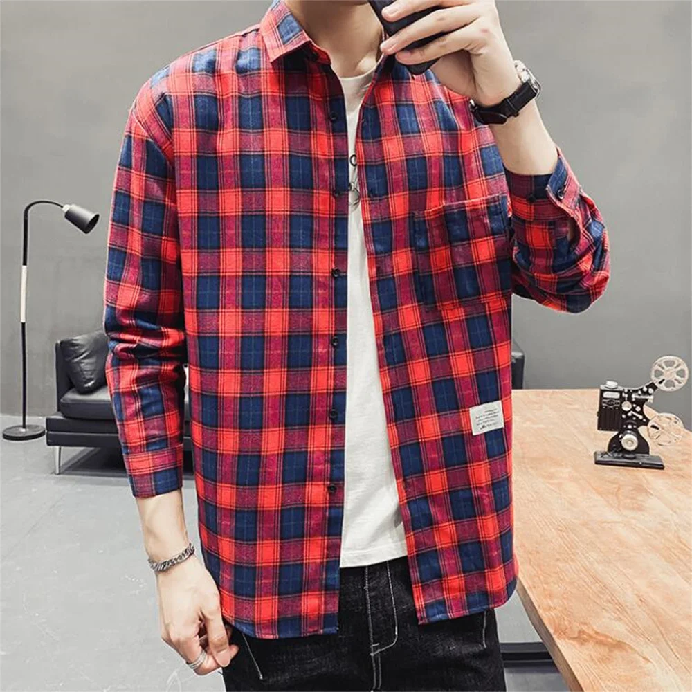 

2022 Spring Autumn New Men's Youth Trend Handsome Hong Kong Style Loose Plaid Breathable Breathable Long-Sleeved Shirt