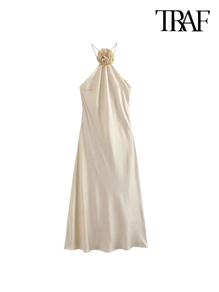 

TRAF Women Fashion Floral Appliques Midi Dress Sexy Backless Tied Halter Neck Female Dresses Vestidos Mujer