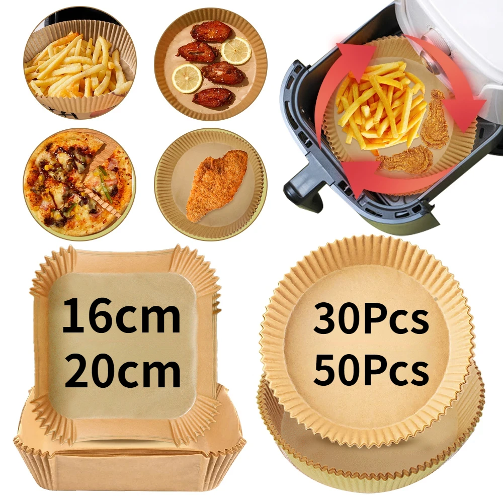 30/50Pcs Disposable Air Fryer Paper Liner Oil-proof Water-proof Paper Tray Non-Stick Baking Mat for Oven AirFryer Accessories