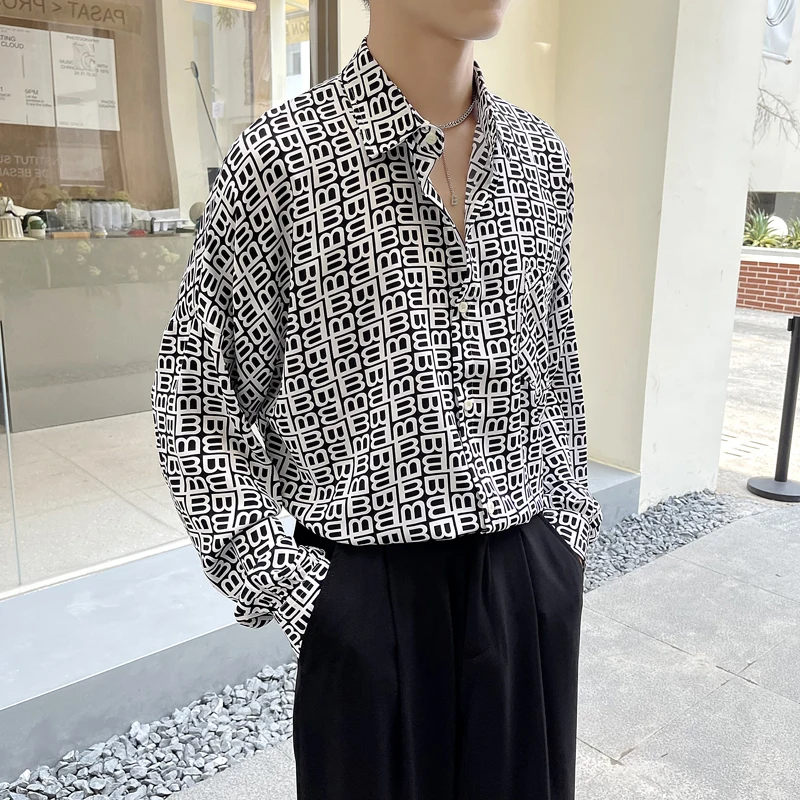 2022 Autumn Letter Printed Men Shirts  Long Sleeve Loose Casual Shirts Fashion Streetwear Personality Social Party Tuxedo Blouse