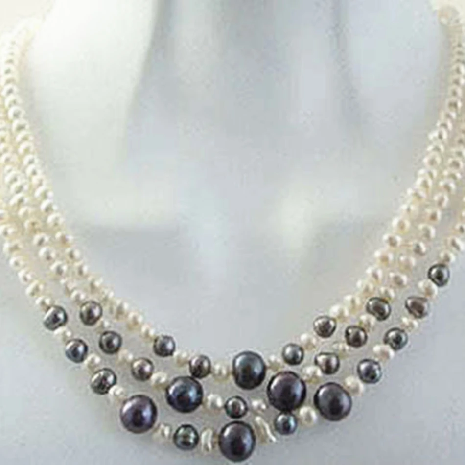 

Beautiful 3row 6-7mm natural freshwater cultured white black round pearl beads necklace original design jewelry 17-19inch