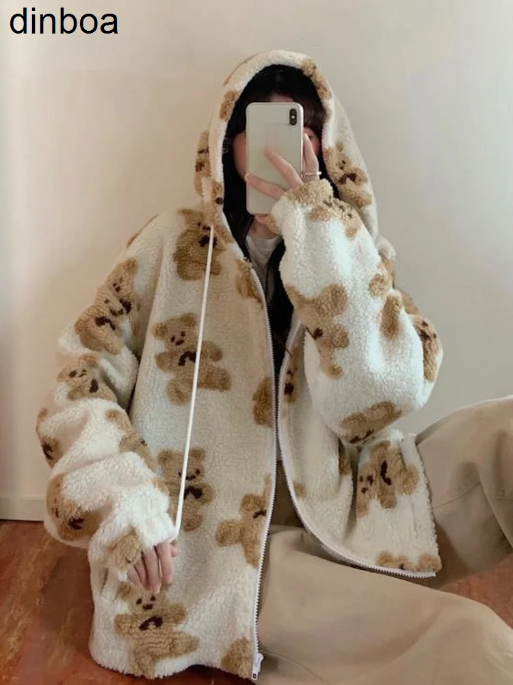 

Cartoon Bear Fleece Zip Hoodie Jackets Women Casual Hoodie Female Zip Up Sweater Y2k Teddy Jacket Warm Sweaters Couple Clothes