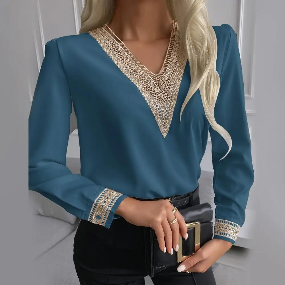 

2021 autumn new elegant leisure blouse women long sleeve v-neck embroidery lace tops plus size feminina shirt blusas ropa mujer