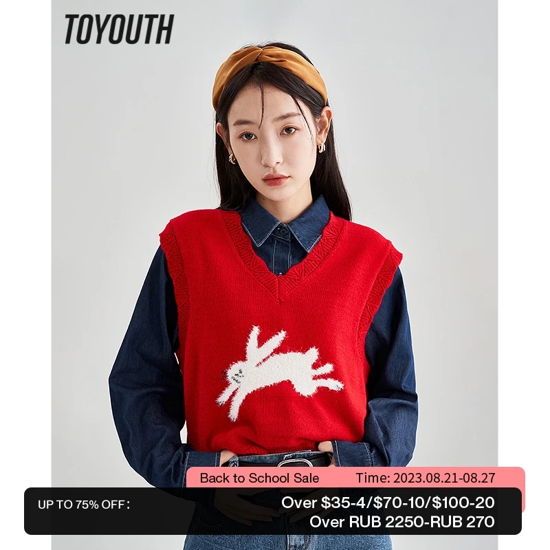 

Toyouth Women Knitted Vest 2023 Spring Sleeveless V Neck Loose Sweaters Cute Rabbit Print Red Casual Chic All-match Tops
