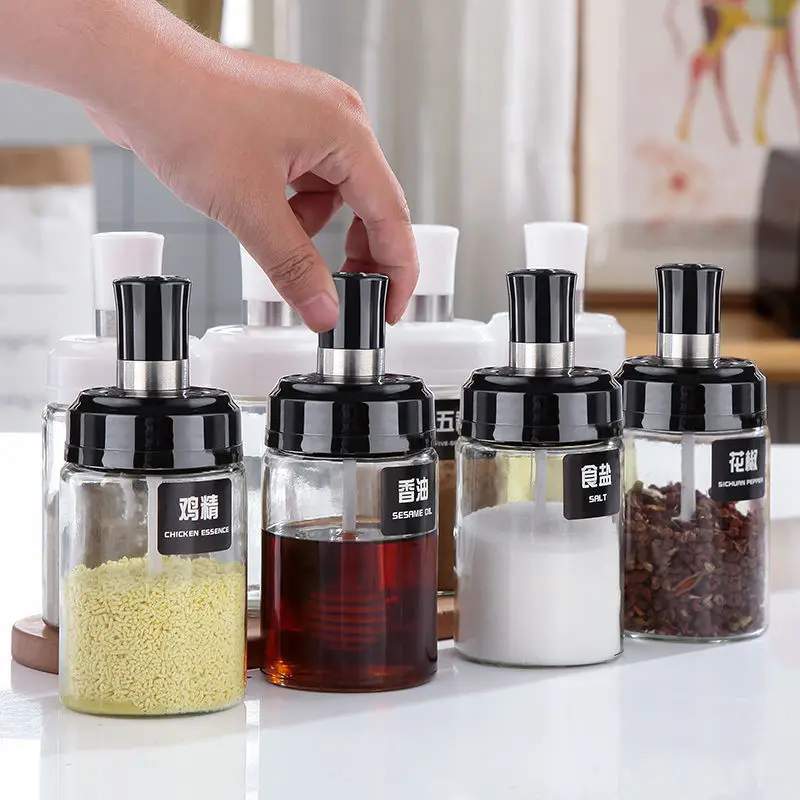 

3 Styles Glass Seasoning Tank Kitchen Clear Spice Bottles With Spoon Brush Stick Seasoning Jars Honey Dispenser Spice Storage