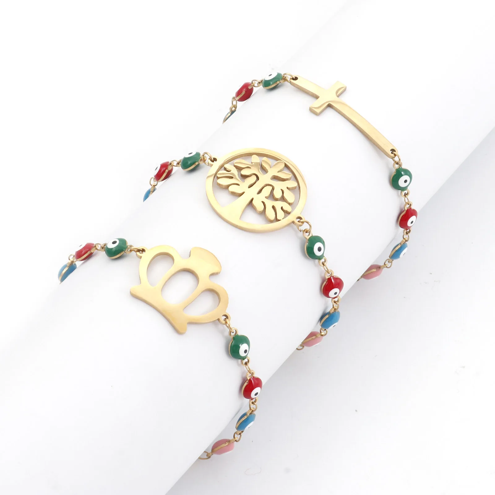 

1PC Religious Enamel Stainless Steel Bracelets Gold Color Eye Cross Tree Charms Bracelet For Women Party Jewelry Gift 17cm Long
