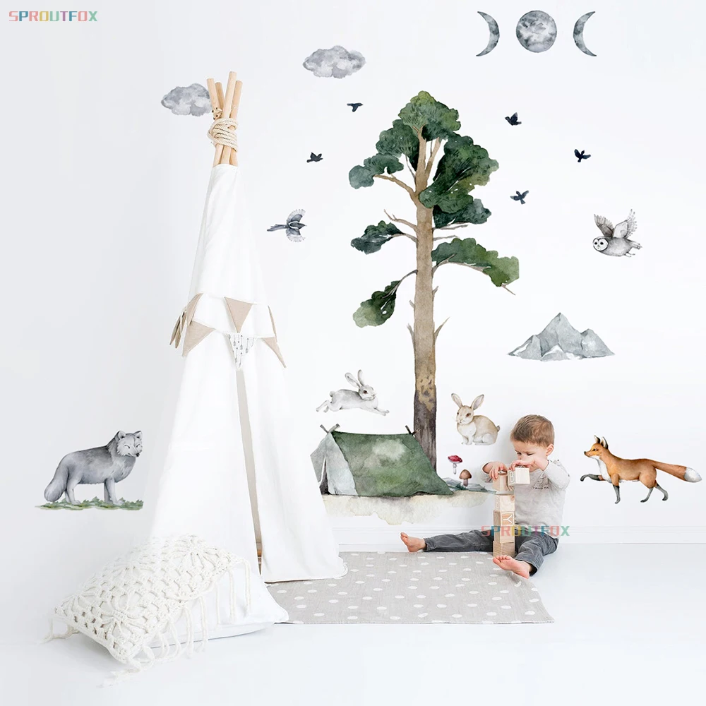 

Самоклеящиеся наклейки на стену с изображением деревьев, веток, лисы, кролика, облаков, звезд, Луны, животных