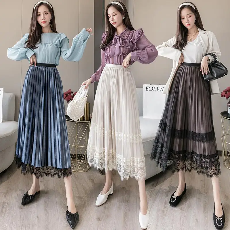 

Harajuku Midi Faldas Largas Mujer Retro Maxi Long High Waist A Line Ladies Korean England Style Solid Pleated Lace Elegant Skirt