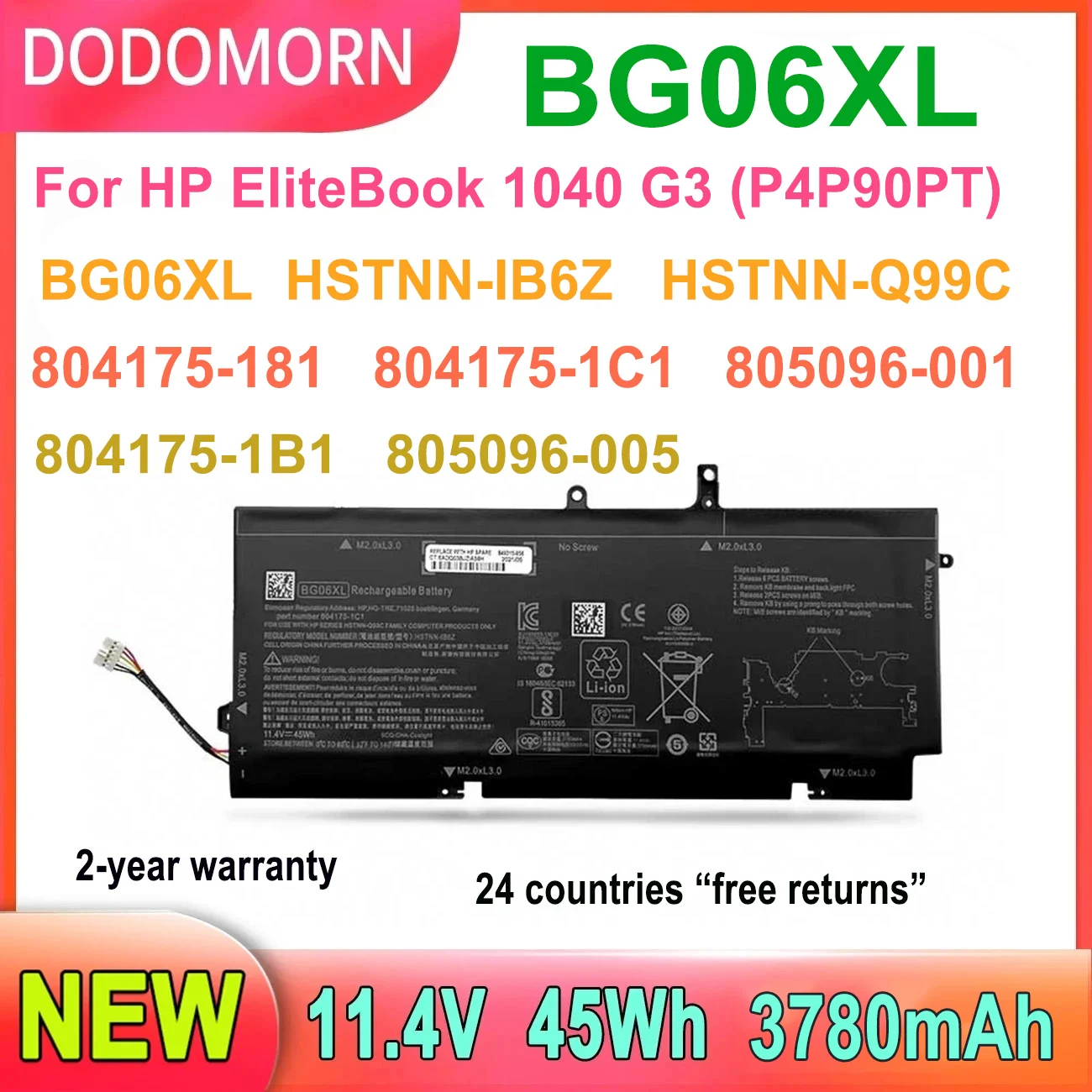 Фото Новый аккумулятор для ноутбука HP EliteBook 1040 G3 (P4P90PT) 11,4 В, 45 Втч, 3780 мАч, полная емкость, высокое качество, быстрая доставка №2