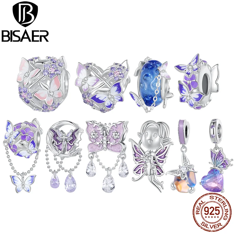 

BISAER 925 Sterling Silver Butterfly Charm Bead Purple Gradual Enamel Animal Pendant Fit Women Bracele Fine Jewelry Party Gift