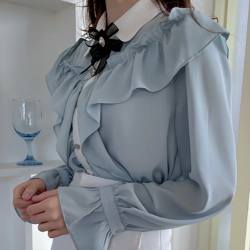 

Cute Retro Vintage Ruffles Bow Tie Ribbon Tops Flowy Basic Elegant Work Formal Single Breasted Button Solid Shirts High Quality