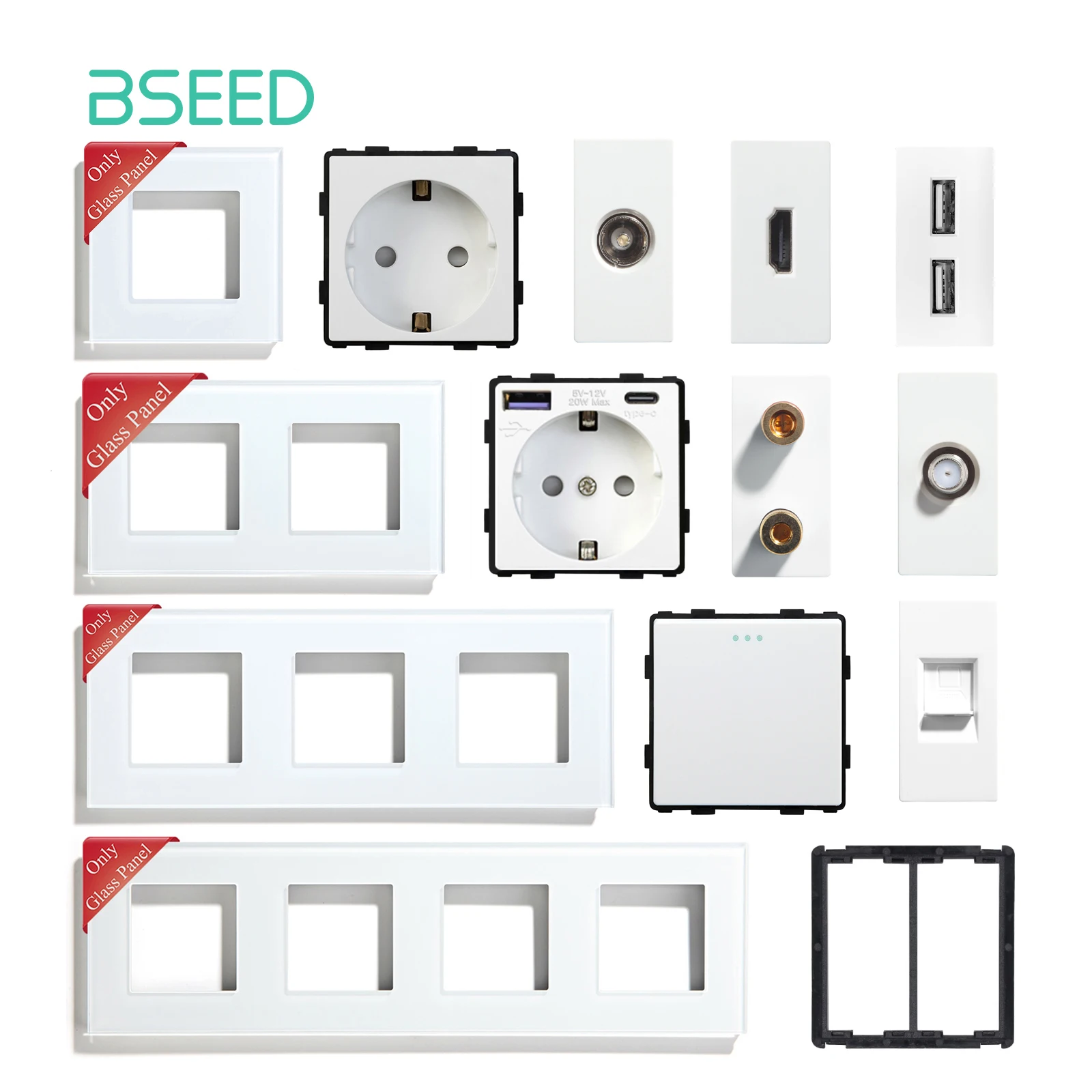

BSEED Glass Frames TV/ST/USB Socket Type-C EU Socket CAT5 RJ45 HDMI Socket Function Parts 1/2Way Mechanical Button Switches Part