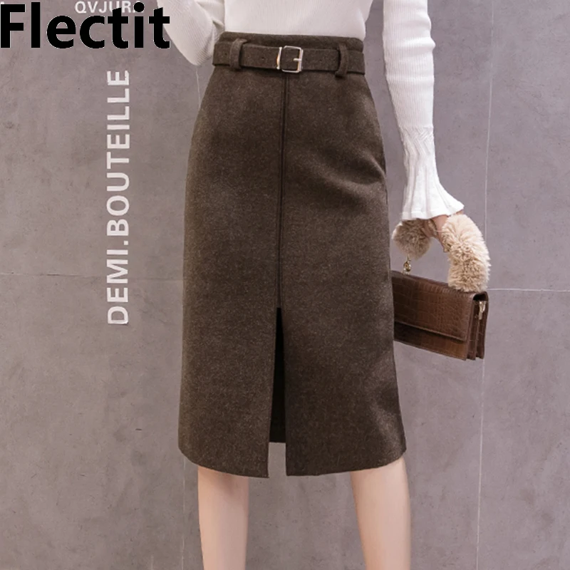 

Flectit Wool Skirt with Belt Front Slit Women Autumn Winter Thick Warm High waist Midi Skirts Faldas