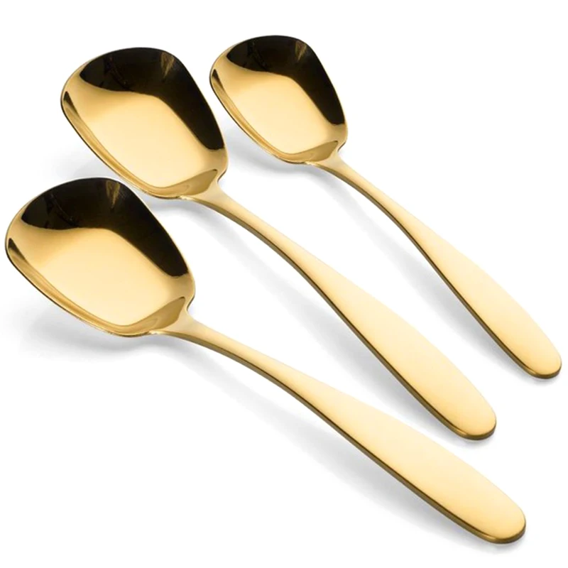 

3 Pcs/Set Stainless Steel Flat Spoons Chinese Silver Soup Coffee Tea Dinner Gold Spoon Sets Kitchen Accessories