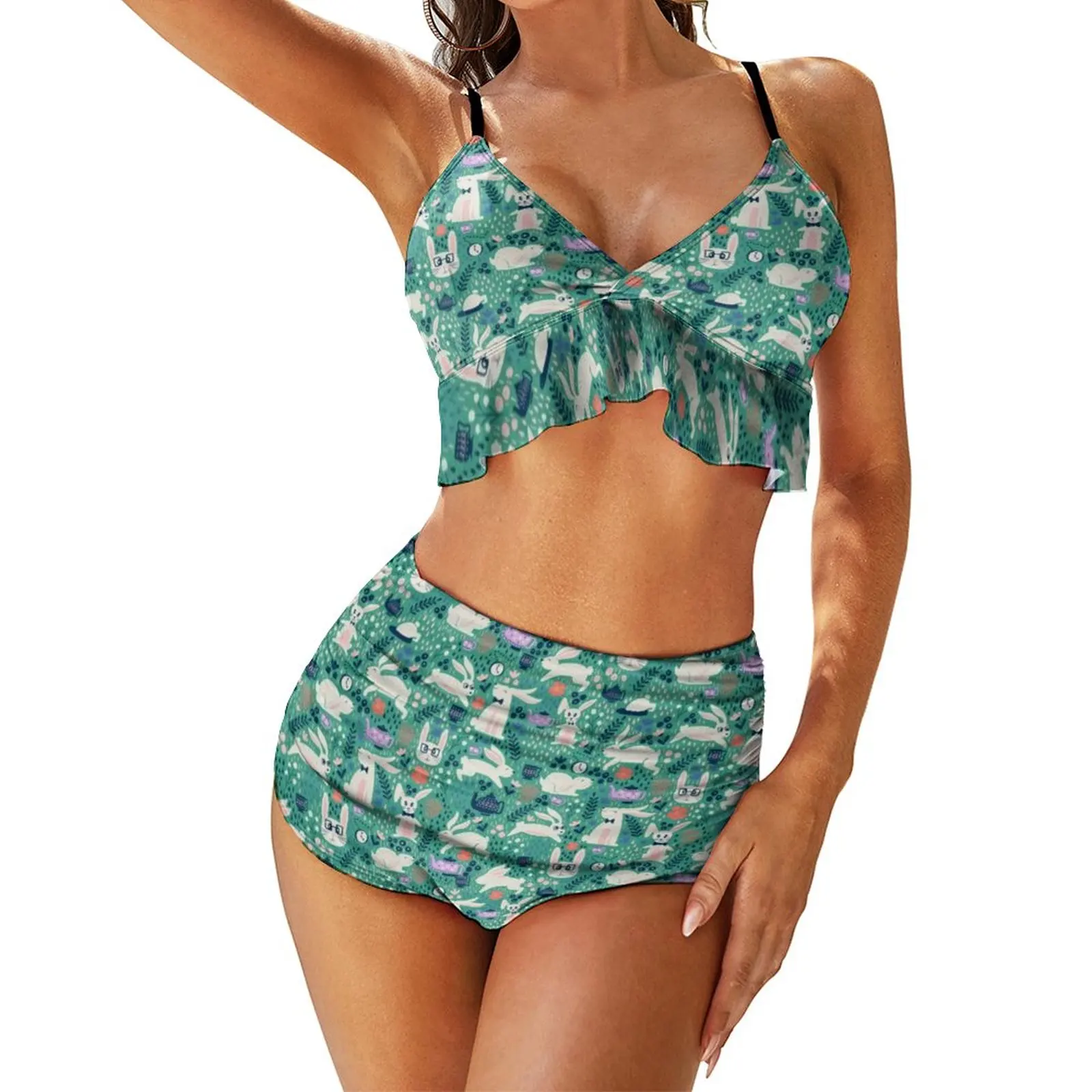 

Easter Rabbit Bikinis Set Bunnies and Teapots Aqua Push Up Bikini Swimsuit Sexy High Waist Swimwear Beach Print Bathing Suit