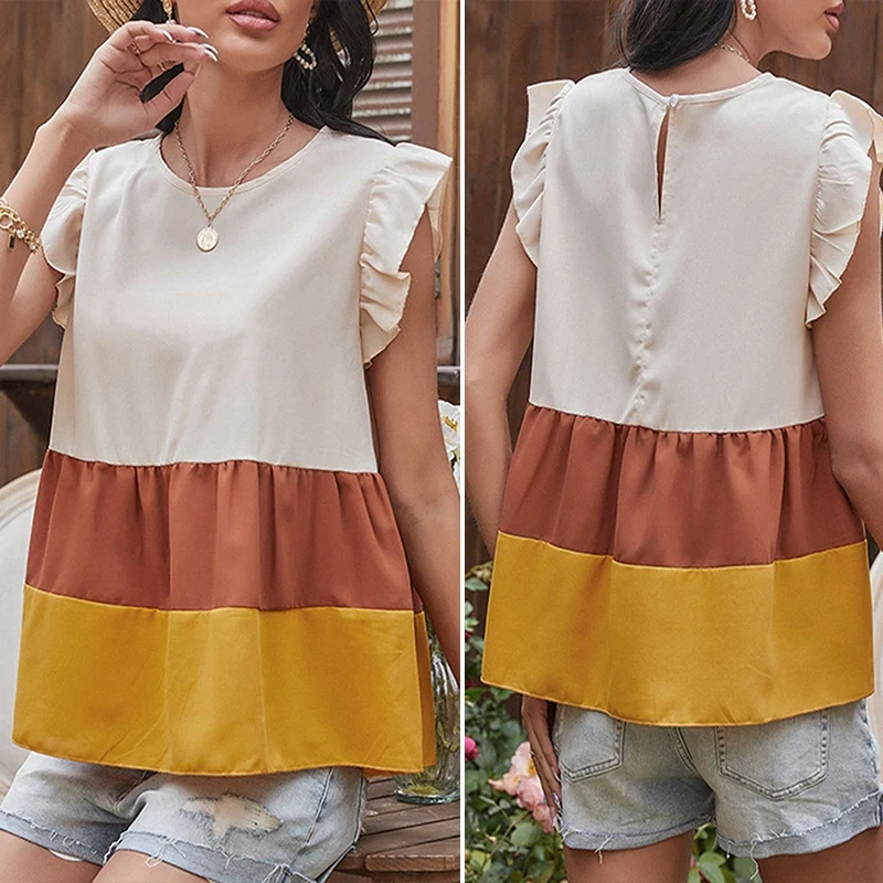 

ASDS-Women's Tops Three-Color Stitching Round Neck Loose Babydoll Sleeveless T-Shirt