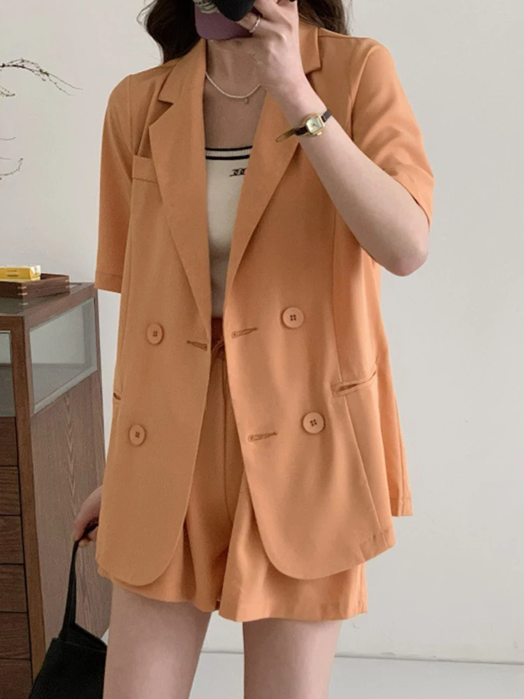 

Summer 2 Pieces Outfit Suits Women Office Formal Casual Loose Short Sleeve Tops Coat Blazer Suit Elastic Waist Shorts Set Street
