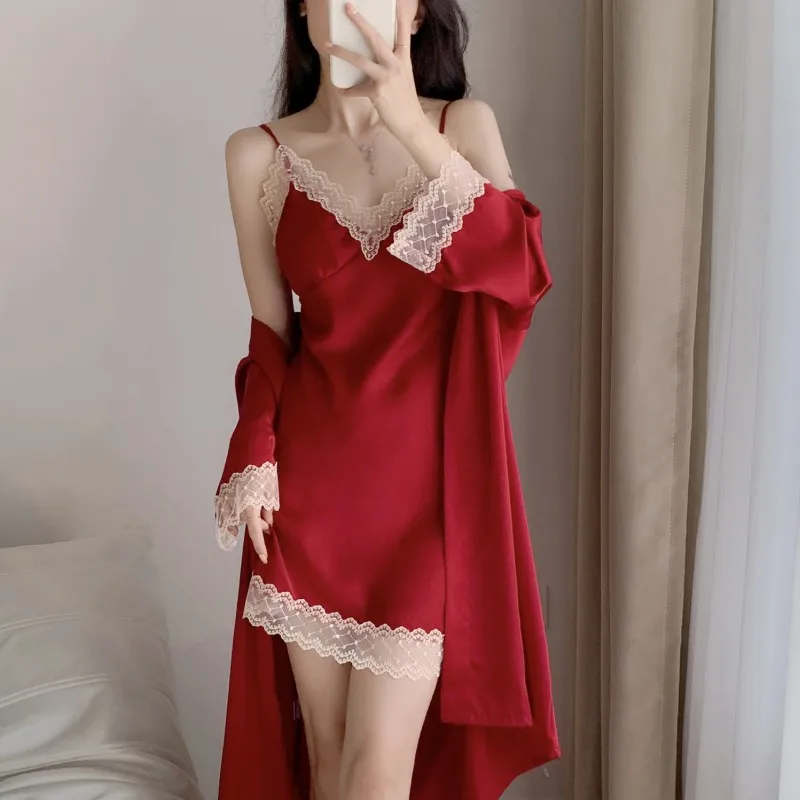 

New Summer Nighty Robe Suit Women Nightgown Sleepwear Two-Piece Bathrobe Gown Set Sexy Lace Kimono Nightwear Satin Home Wear