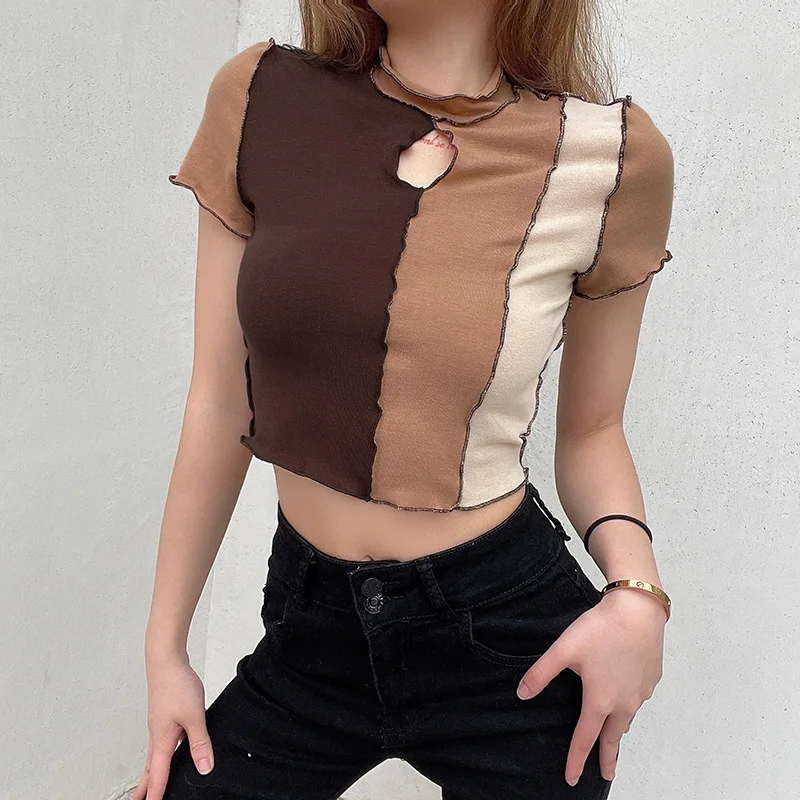 

Summer New 2022 Women'S T-Shirt European And American Trend Half Turtleneck Hollow Stitching Three-Color Short-Sleeved Top